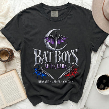 Charcoal t-shirt with "Bat Boys After Dark" and character names graphic.