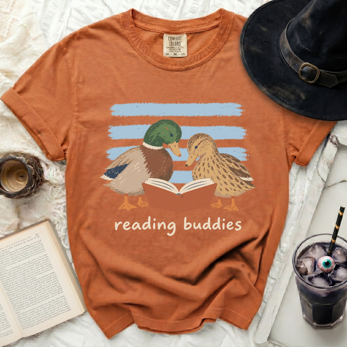 Two ducks read a book together with blue stripes behind them.