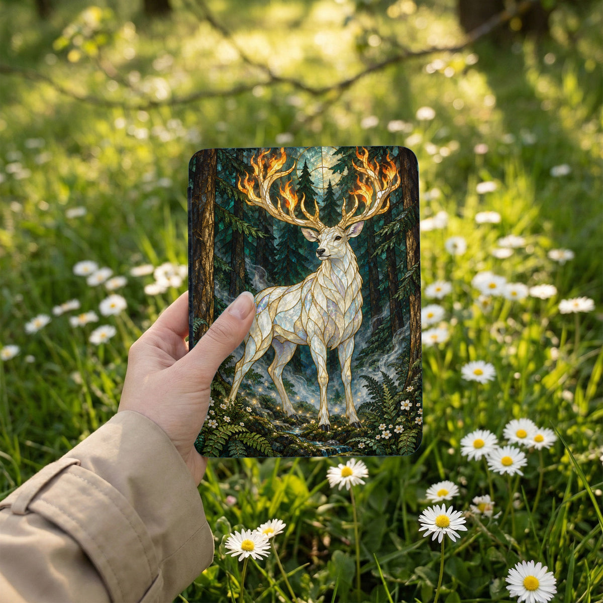A majestic white stag with flaming antlers stands in a mystical forest clearing.