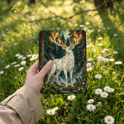 A majestic white stag with flaming antlers stands in a mystical forest clearing.