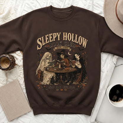 Brown sweatshirt with "Sleepy Hollow Book Club Est. 1790 New York" graphic.