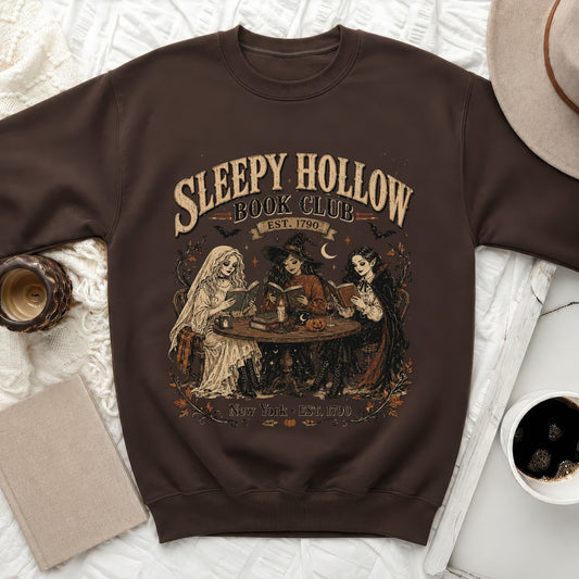 Brown sweatshirt with "Sleepy Hollow Book Club Est. 1790 New York" graphic.