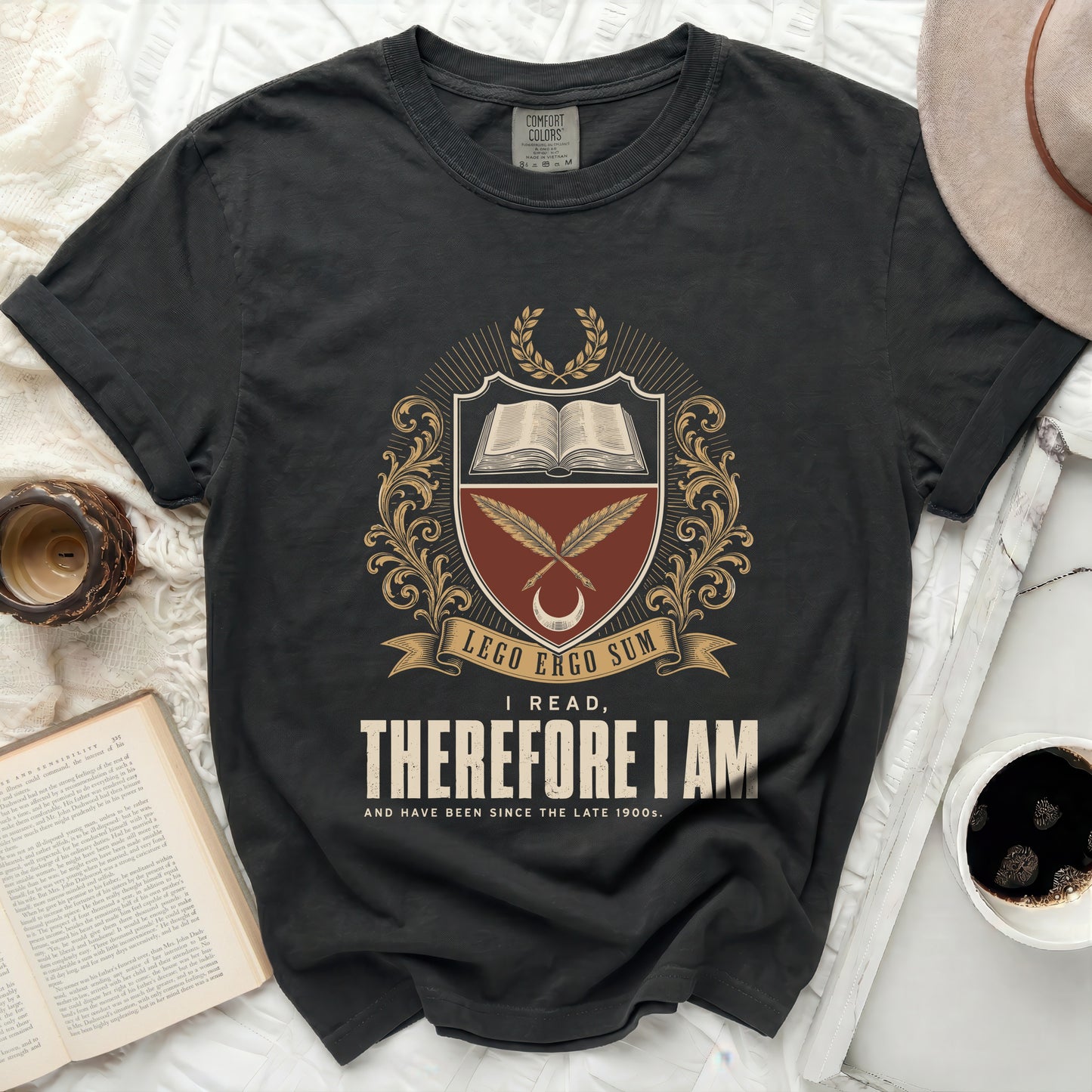 Dark grey t-shirt with "I Read, Therefore I Am" text and emblem.