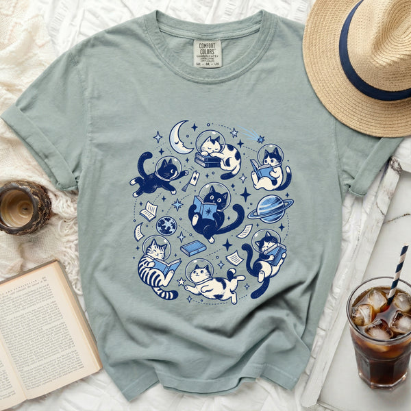Cosmic Book Cats Tee in Bay
