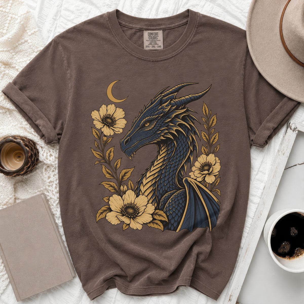 Brown t-shirt with blue dragon, yellow flowers, and moon graphic. Comfort Colors 2TG-2XL-2XG.