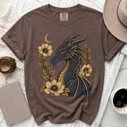 Brown t-shirt with blue dragon, yellow flowers, and moon graphic. Comfort Colors 2TG-2XL-2XG.