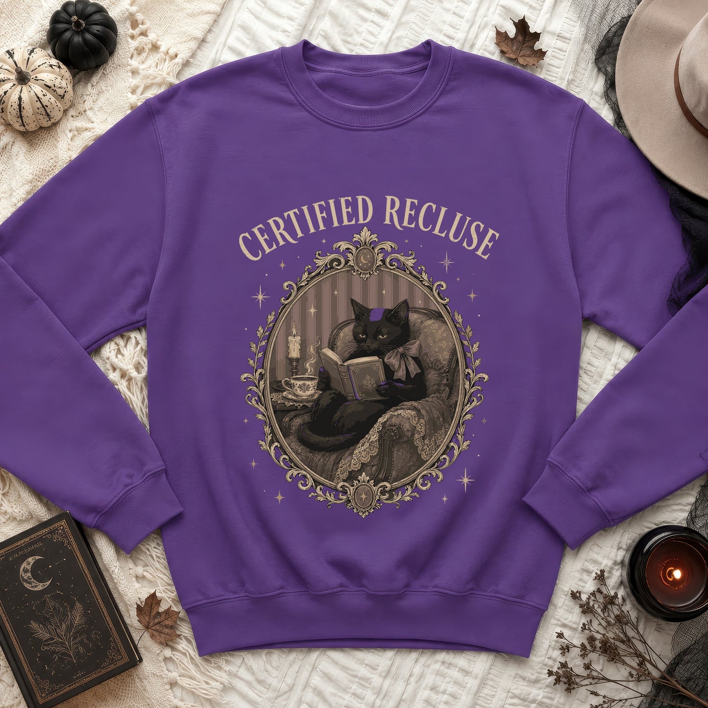 Purple sweatshirt with gothic cat reading "Certified Recluse" on ornate frame.