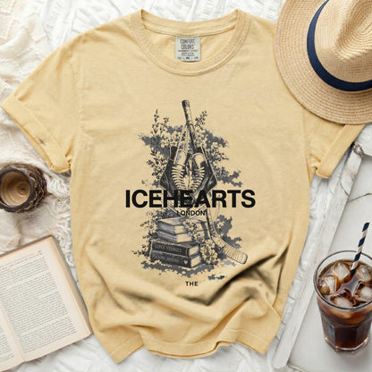 Yellow t-shirt with "ICEHEARTS LONDON" and hockey sticks graphic.
