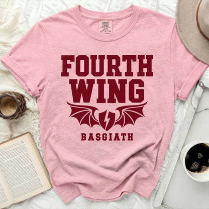 Pink t-shirt with "FOURTH WING BASGIATH" and dragon wings graphic.