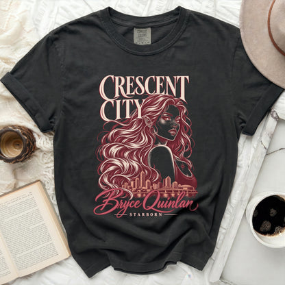 Dark gray t-shirt with "Crescent City Bryce Quinlan Starborn" text and character graphic.