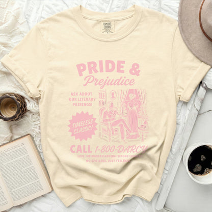 Cream shirt with "Pride & Prejudice" text and literary illustration.