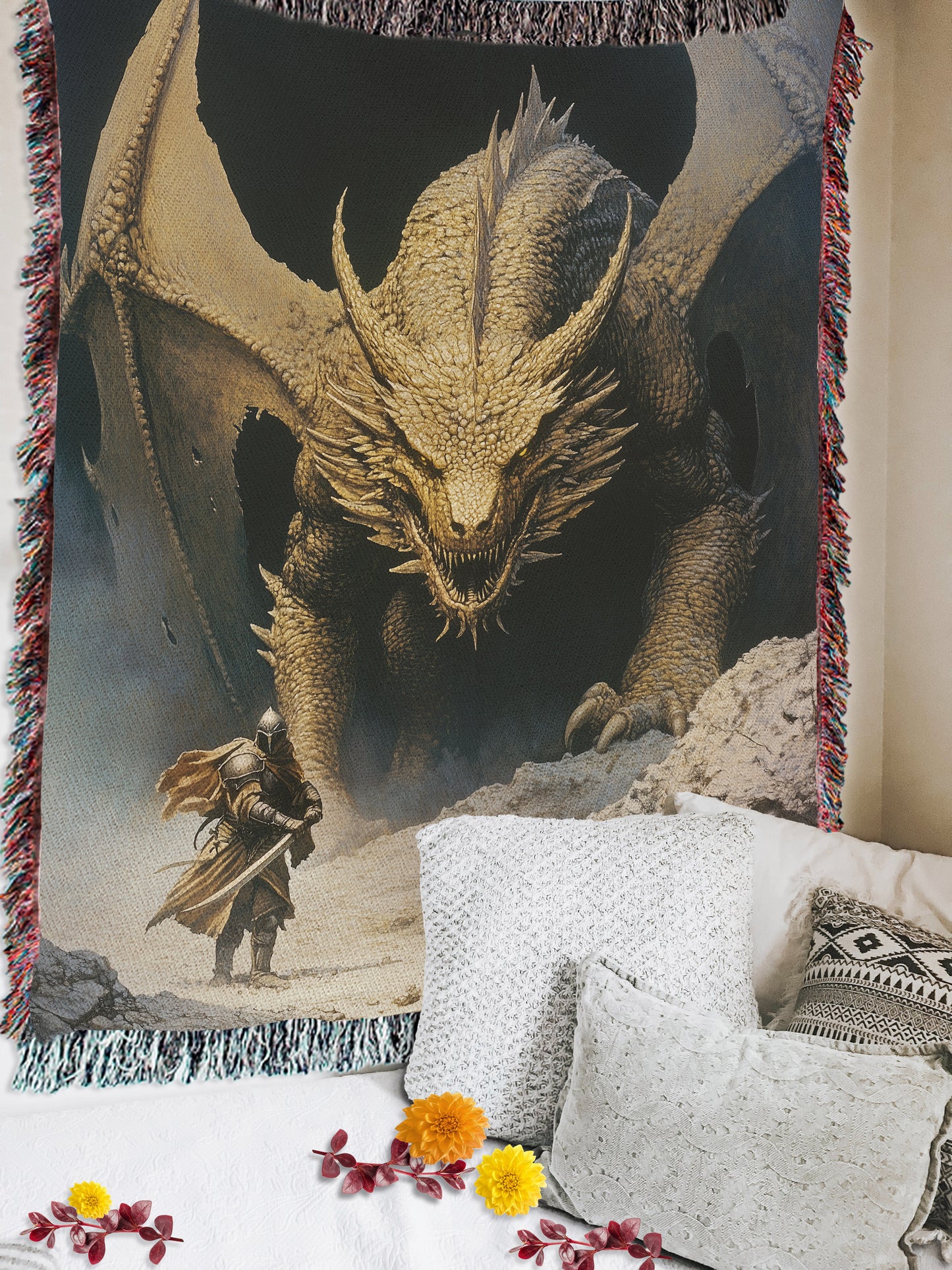 🛡️ Knight vs. Dragon Woven Blanket