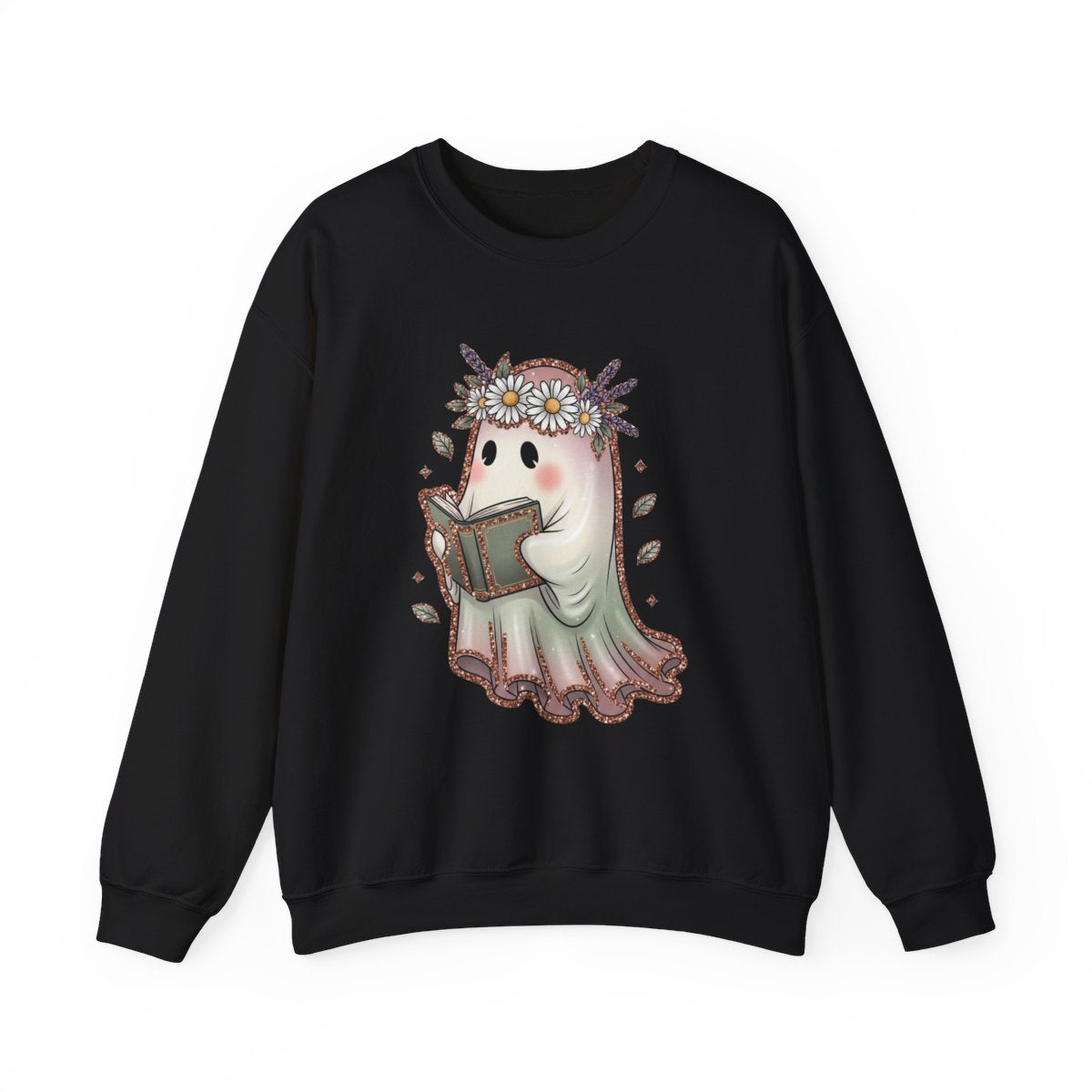 Cute Ghost Reading a Book with Flower Crown Graphic Sweatshirt - MagicMerchEmporium