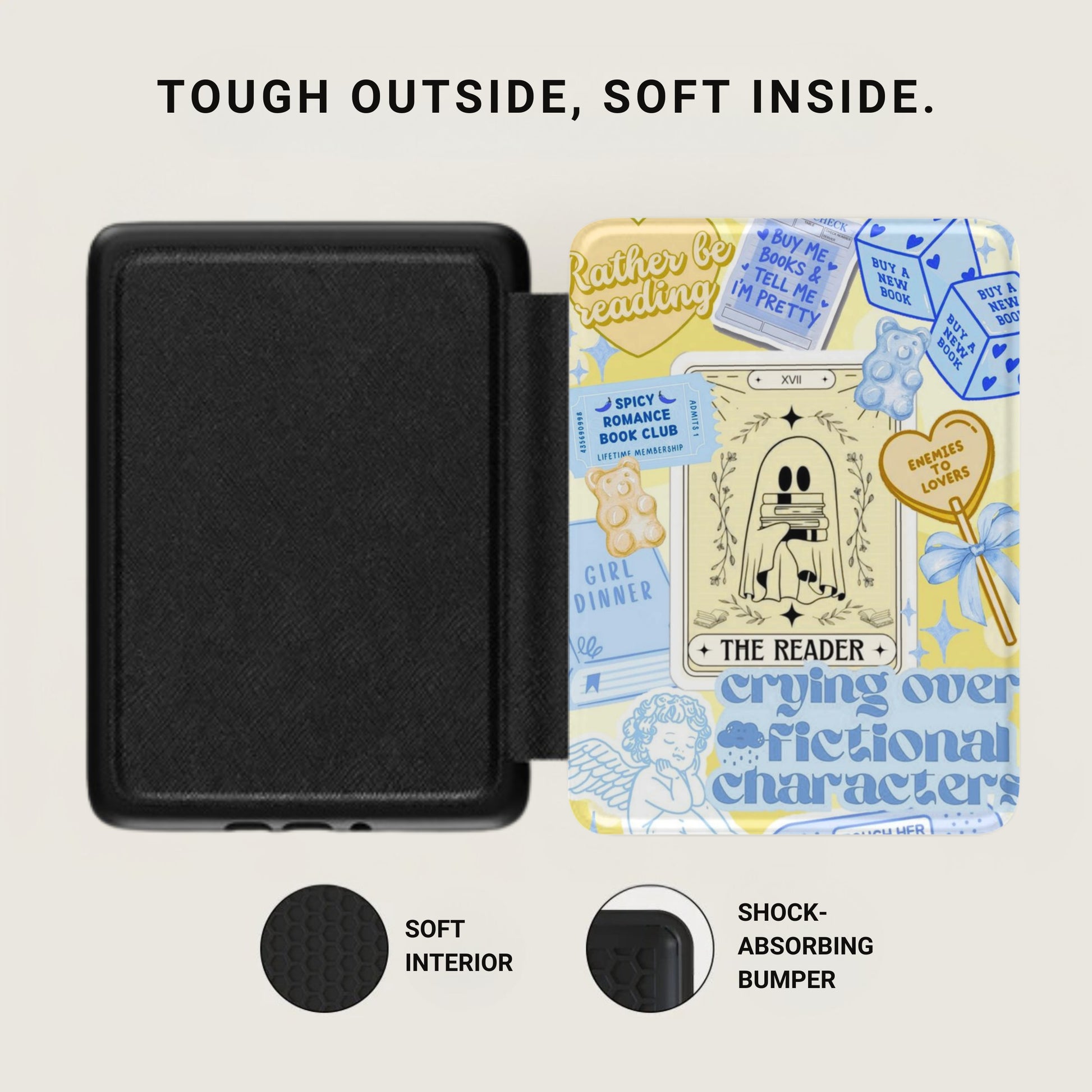 Black exterior case with "Rather be reading" and "crying over fictional characters" designs.