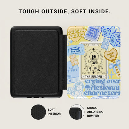 Black exterior case with "Rather be reading" and "crying over fictional characters" designs.