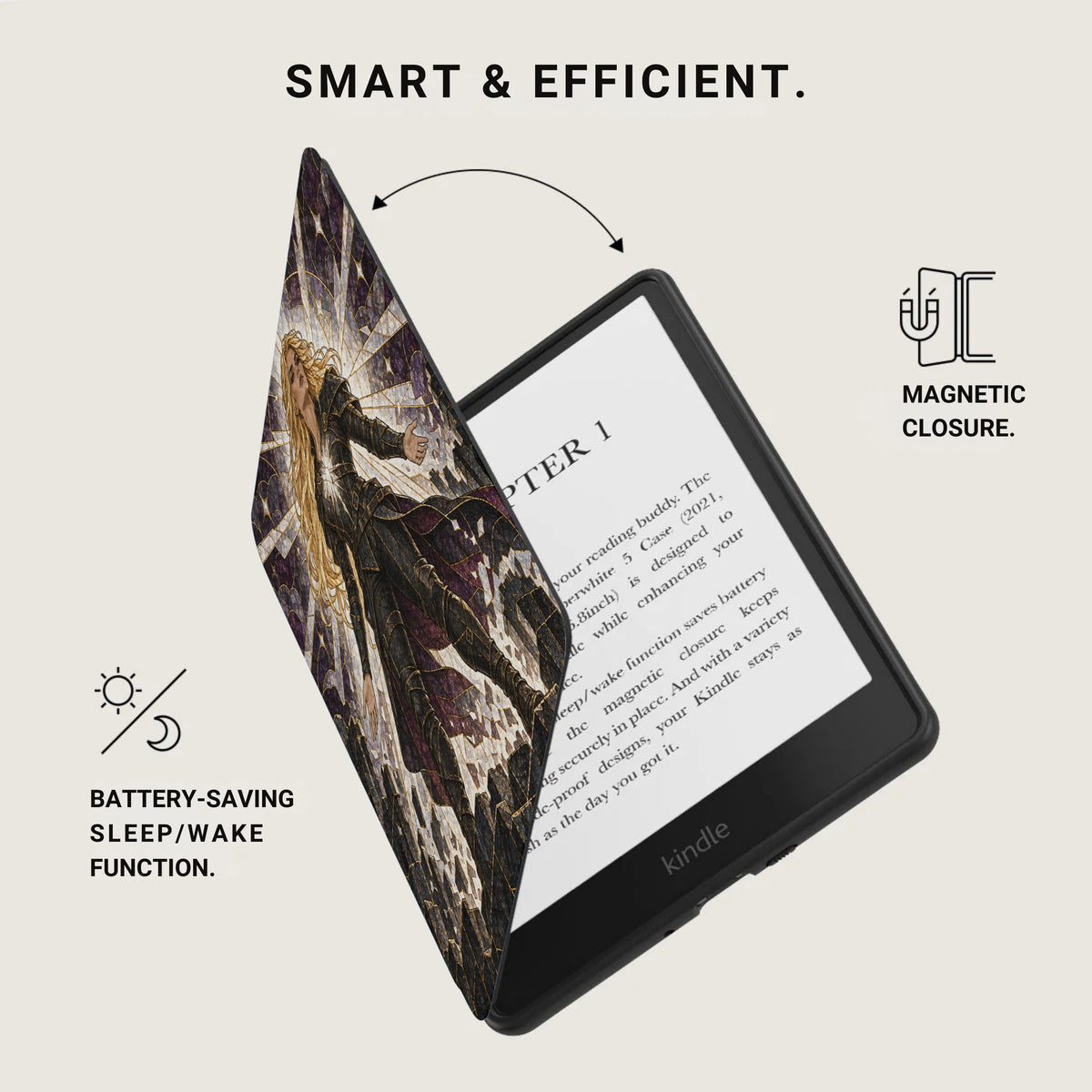 Kindle e-reader with magnetic closure and battery-saving sleep/wake function.