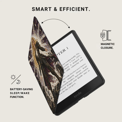 Kindle e-reader with magnetic closure and battery-saving sleep/wake function.
