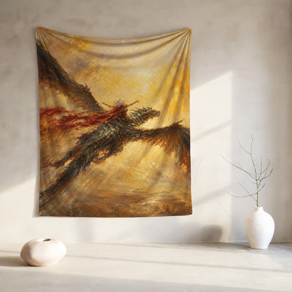 Tapestry with a painting of a person on a dragon flying through a golden sky.