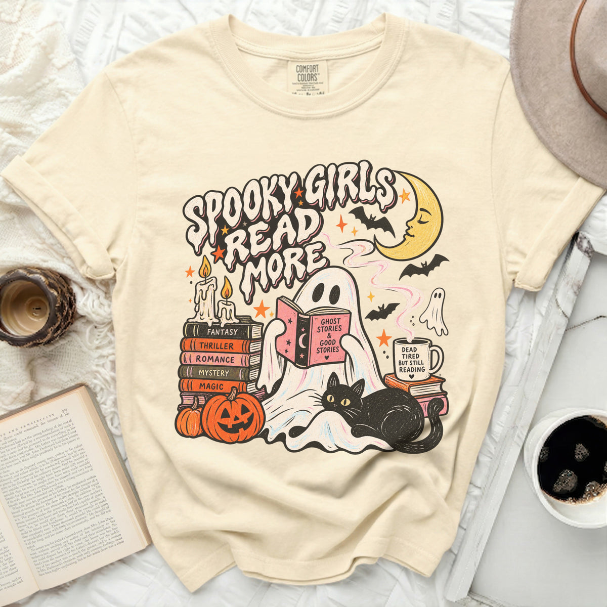 Spooky girls read more graphic tee with ghost, books, and black cat.