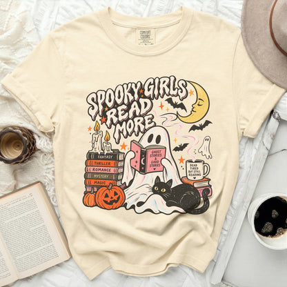 Spooky girls read more graphic tee with ghost, books, and black cat.