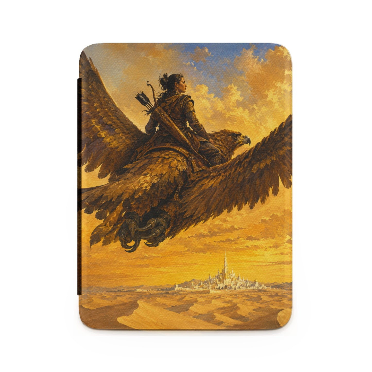 Fantasy illustration of a woman archer riding a large eagle over a desert towards a distant city.