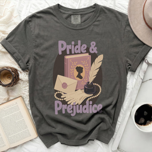 T-shirt with "Pride & Prejudice" text and literary motifs.