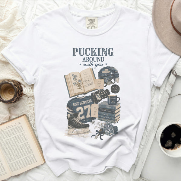 Pucking Around With You Hockey Romance Tee in White