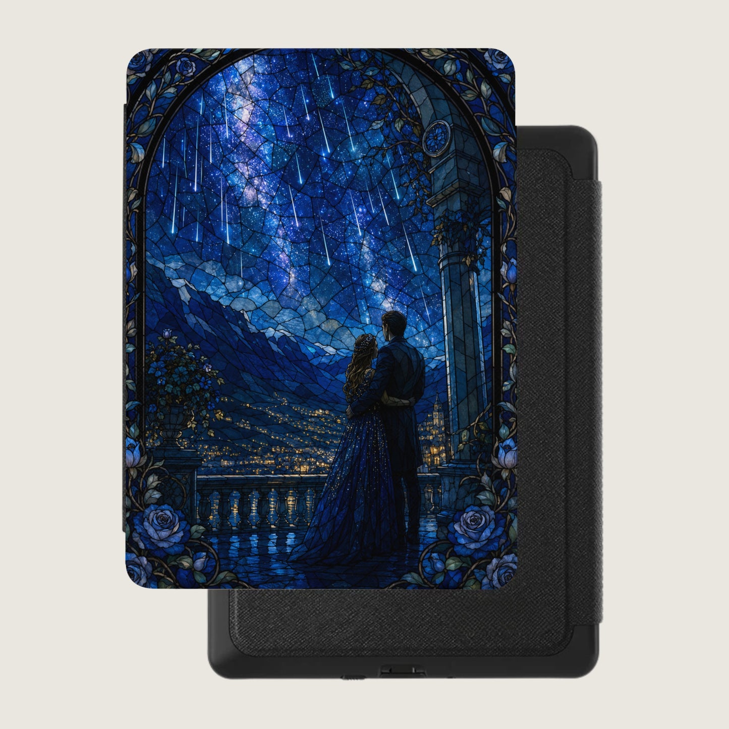Stained glass design of couple under night sky with shooting stars and city lights.