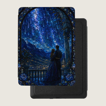 Stained glass design of couple under night sky with shooting stars and city lights.