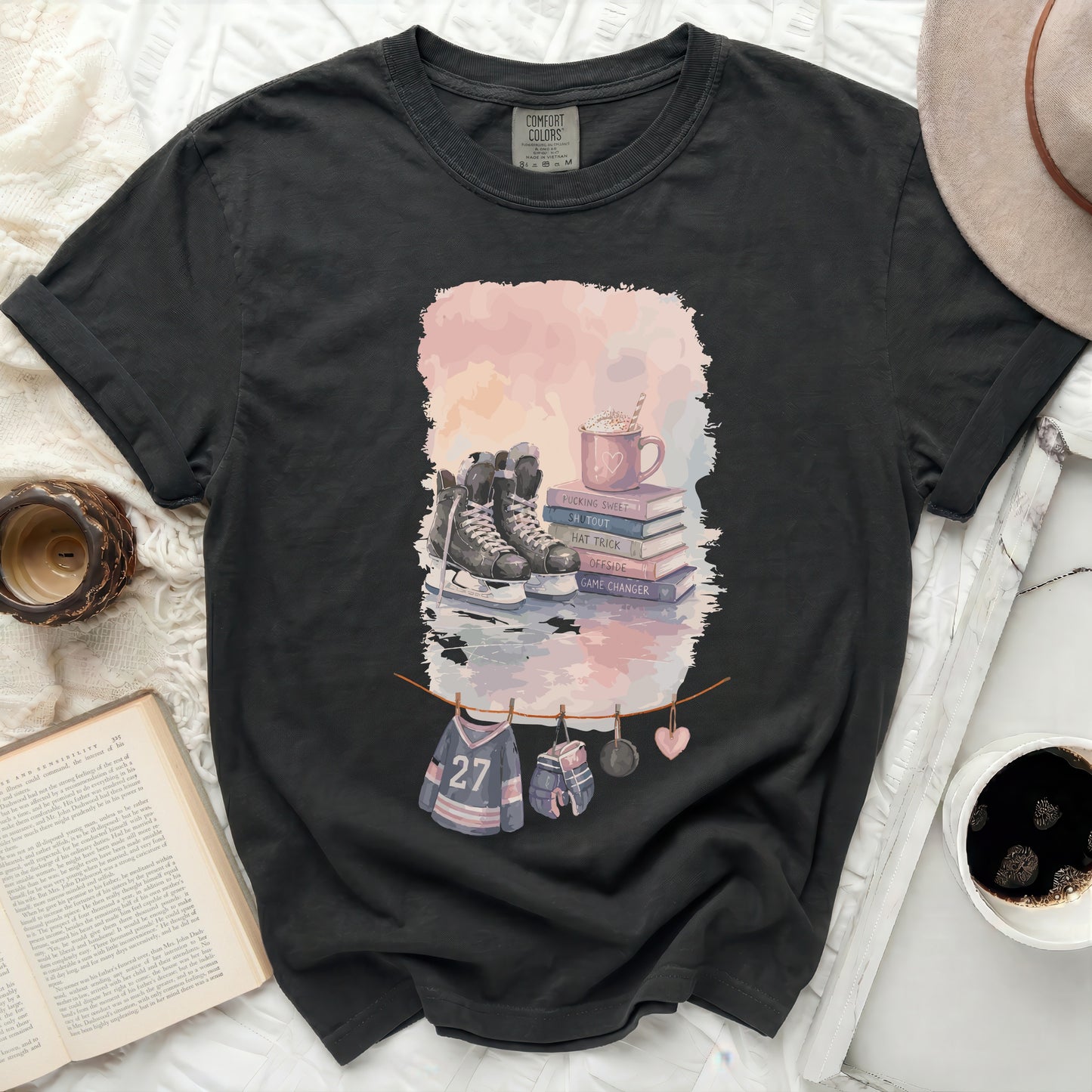 Black Comfort Colors t-shirt with "PUCKING SWEET" hockey graphic and text.