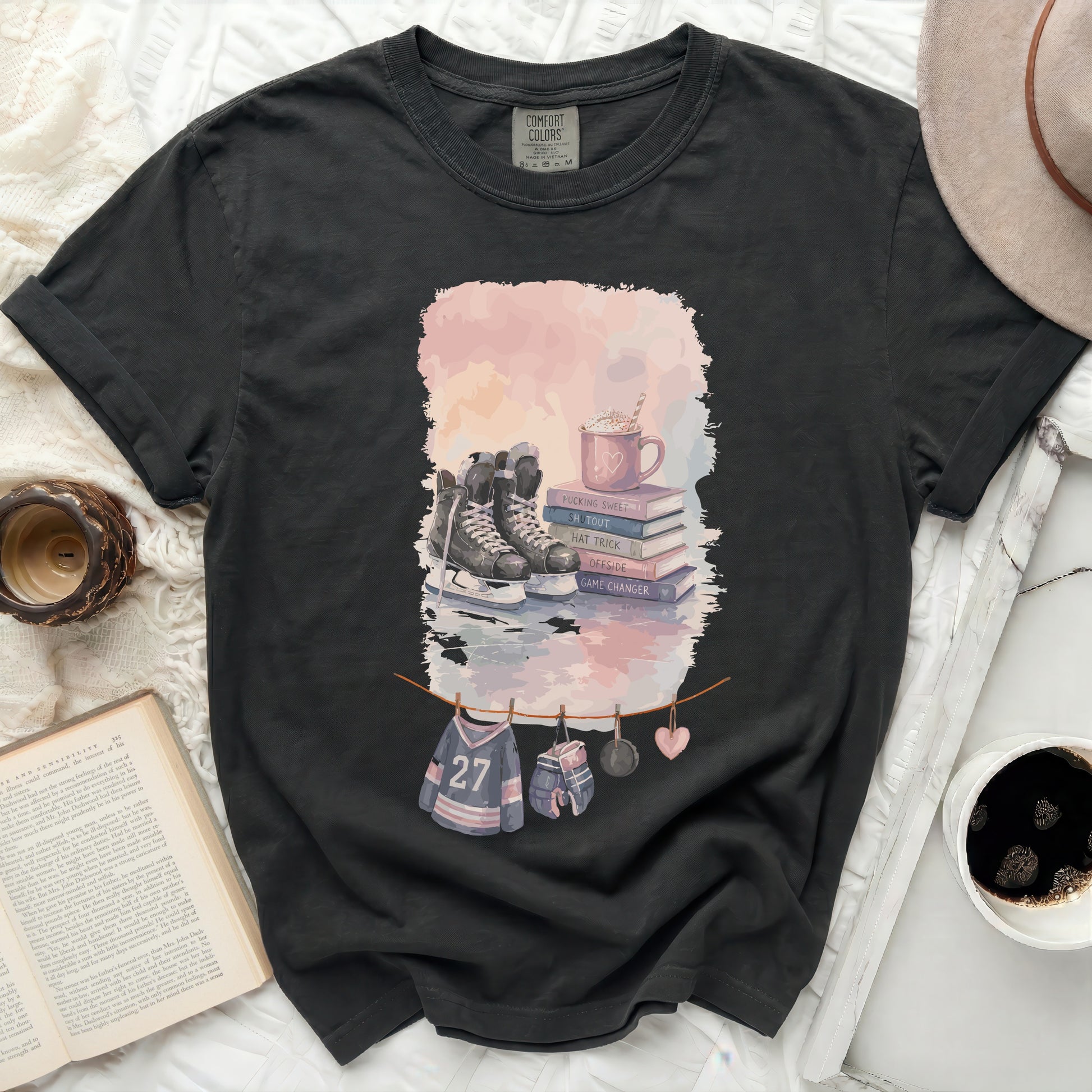 Black Comfort Colors t-shirt with "PUCKING SWEET" hockey graphic and text.