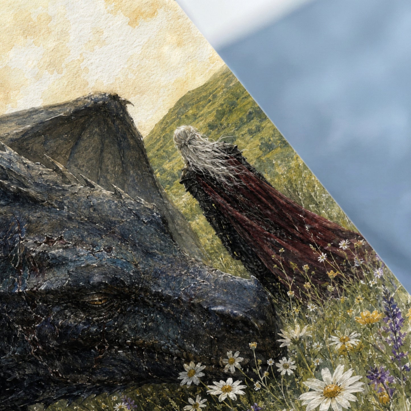 Close-up of a dragon's head next to a person with long white hair in a red cloak.