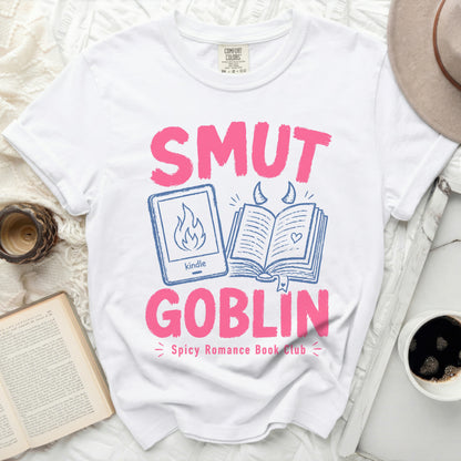 White t-shirt with "SMUT GOBLIN Spicy Romance Book Club" and Kindle graphic.