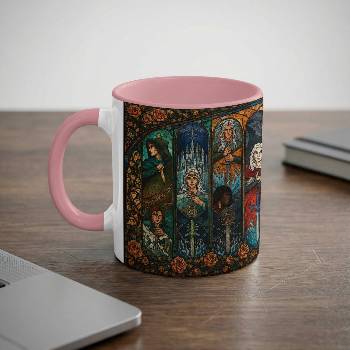 Mug with a stained-glass design featuring characters and symbols in arched panels.