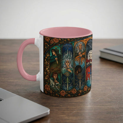 Mug with a stained-glass design featuring characters and symbols in arched panels.