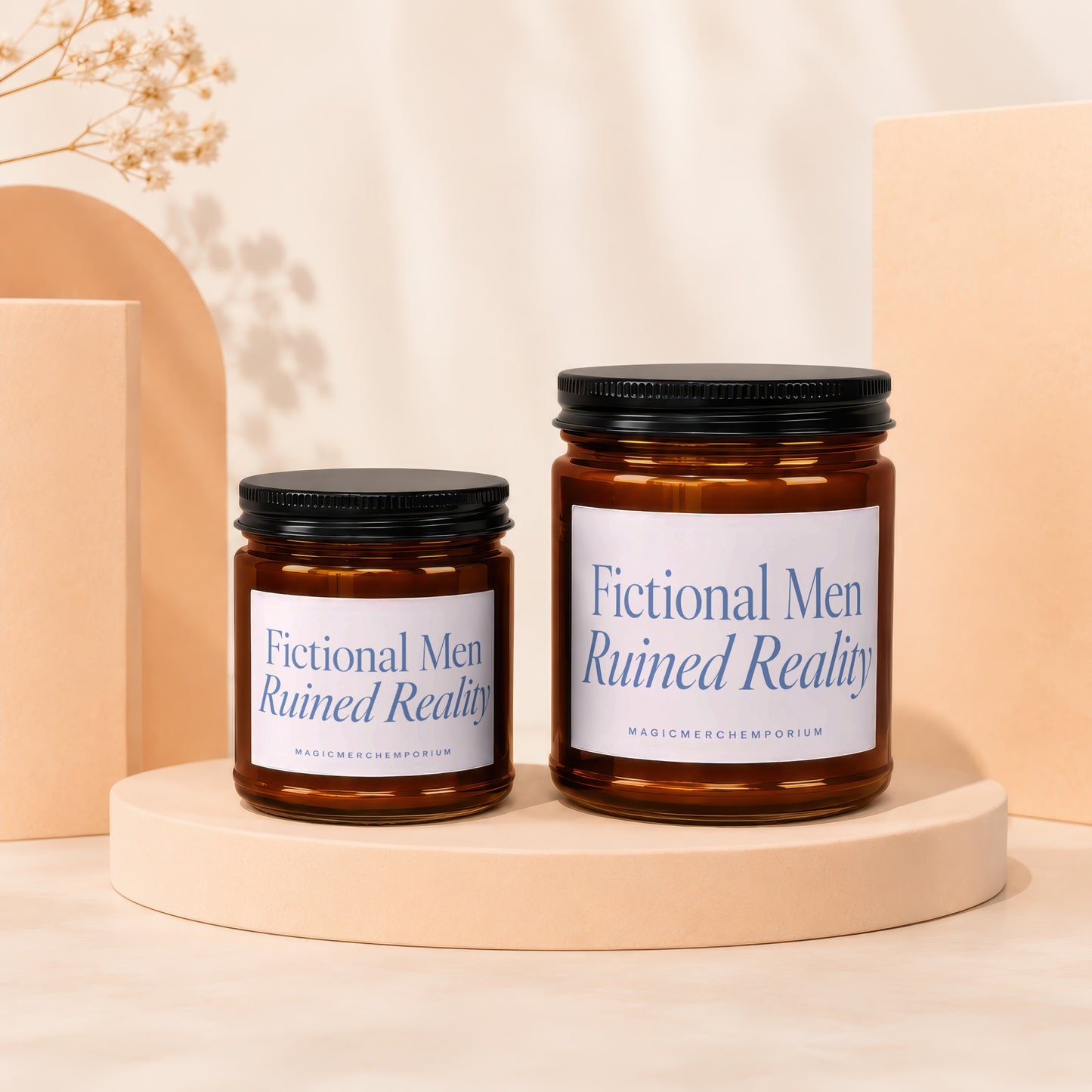 Two amber glass jars with black lids, labeled "Fictional Men Ruined Reality".