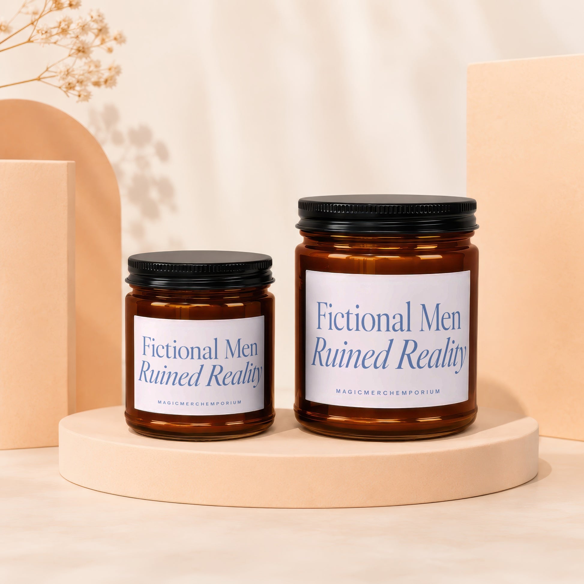 Two amber glass jars with black lids, labeled "Fictional Men Ruined Reality".