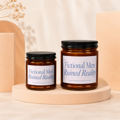Two amber glass jars with black lids, labeled "Fictional Men Ruined Reality".