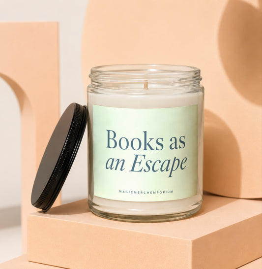 Candle with text "Books as an Escape" and "MAGICMERCH`EMPORIUM" on label.