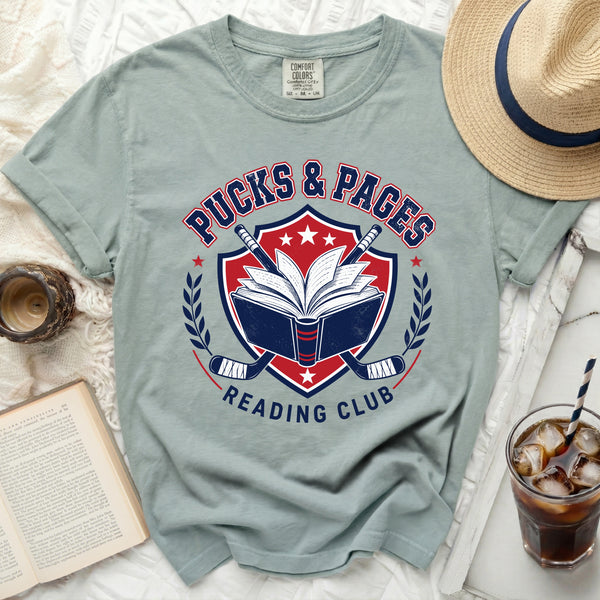 Pucks & Pages Reading Club Hockey Tee in Bay