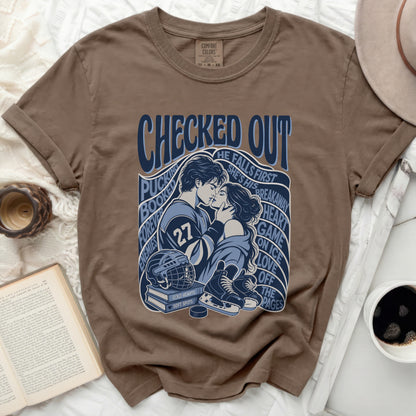 Brown t-shirt with "Checked Out" hockey romance graphic.