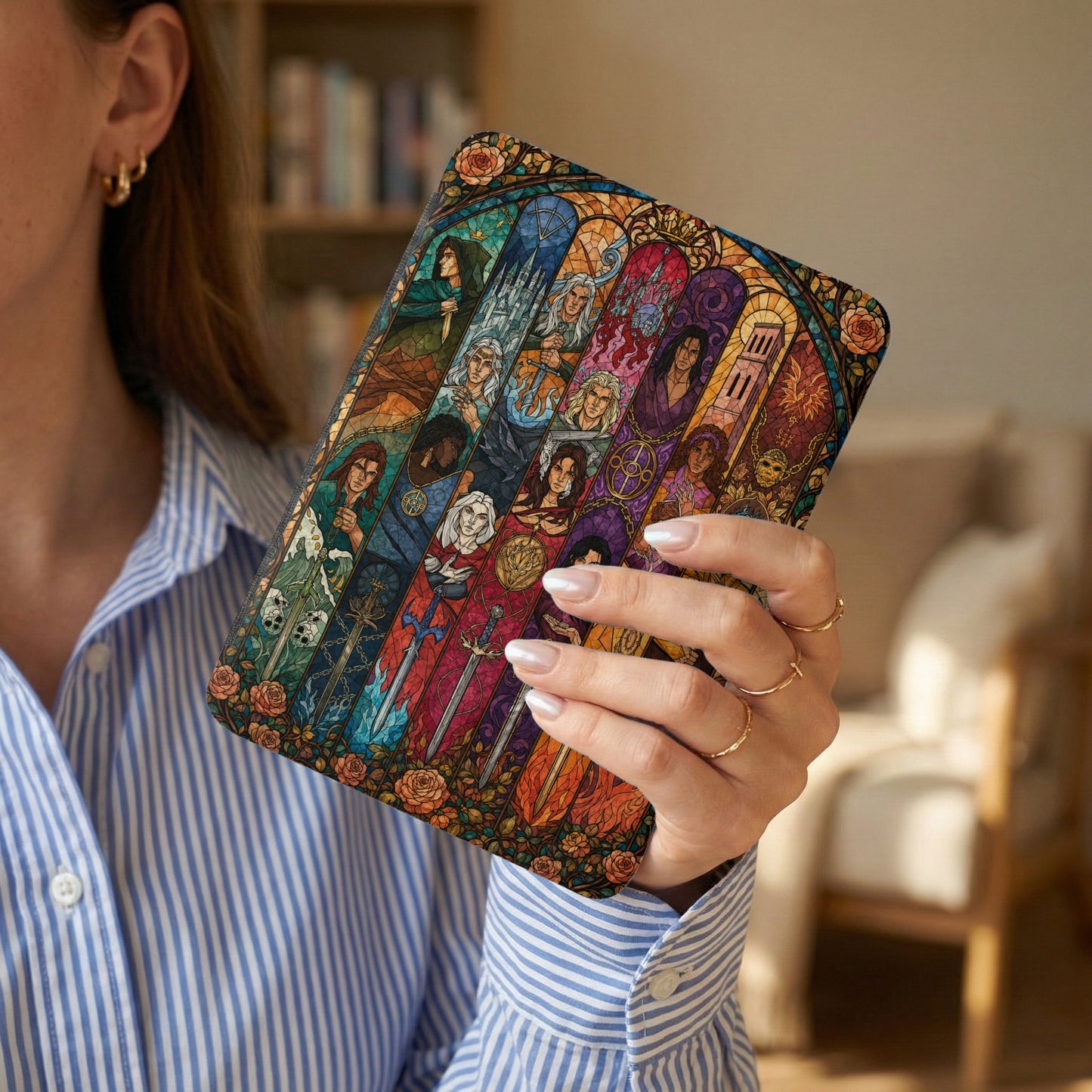 E-reader with stained glass style art featuring characters and swords.