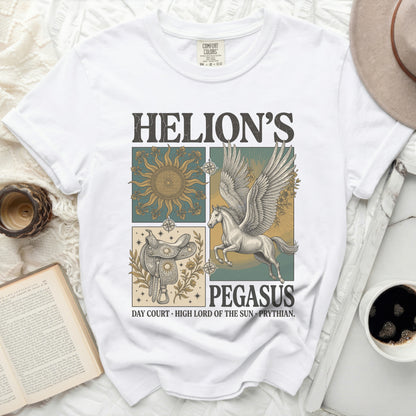 White t-shirt with graphic of sun, saddle, and Pegasus, "Helion's Pegasus".