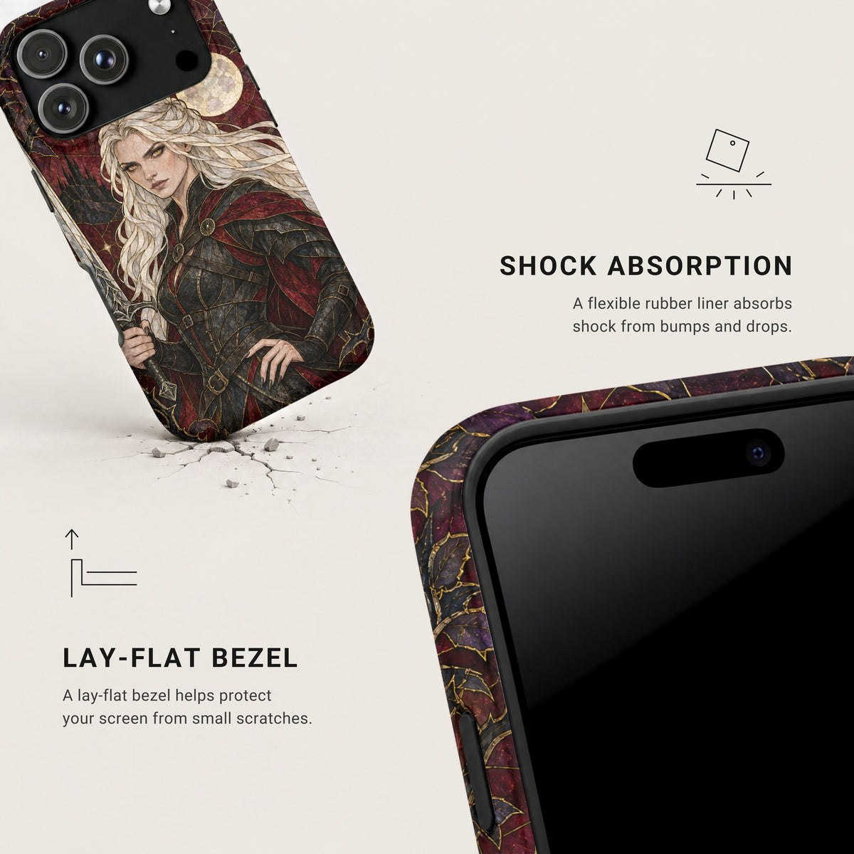 Two angled views of a phone case featuring a fantasy female warrior illustration, highlighting shock absorption and lay-flat bezel features.