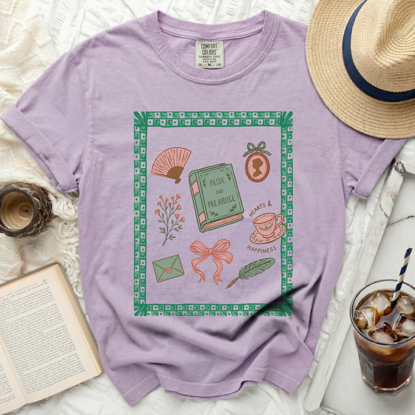 Purple Comfort Colors t-shirt with "Pride and Prejudice" graphic art.