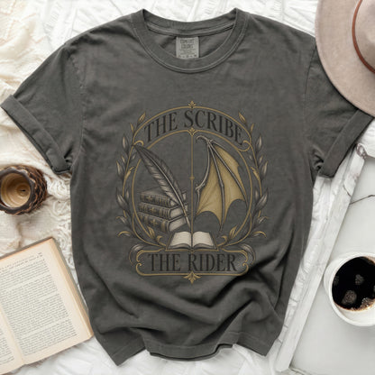 Grey t-shirt with "The Scribe The Rider" circular design and a feather.