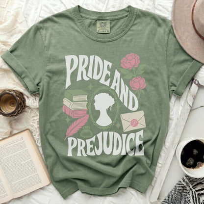"Pride and Prejudice" graphic tee with books, quill, and flowers.