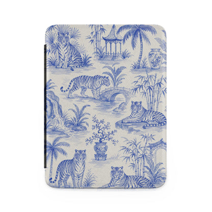 Blue and white toile pattern device case featuring tigers, pagodas, and bamboo.