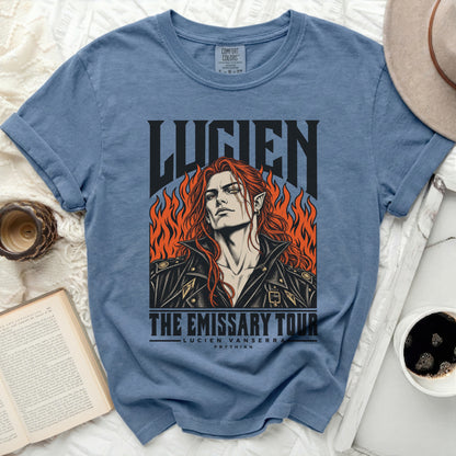 Blue t-shirt with "LUCIEN THE EMISSARY TOUR LUCIEN VANSERRA PRYTHIAN" graphic.