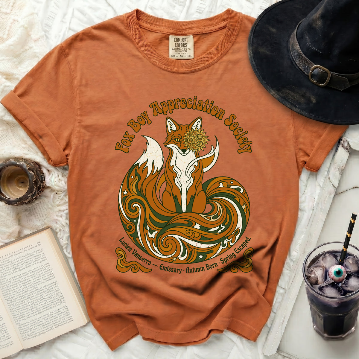 Orange t-shirt with a fox design and text "Fox Boy Appreciation Society".